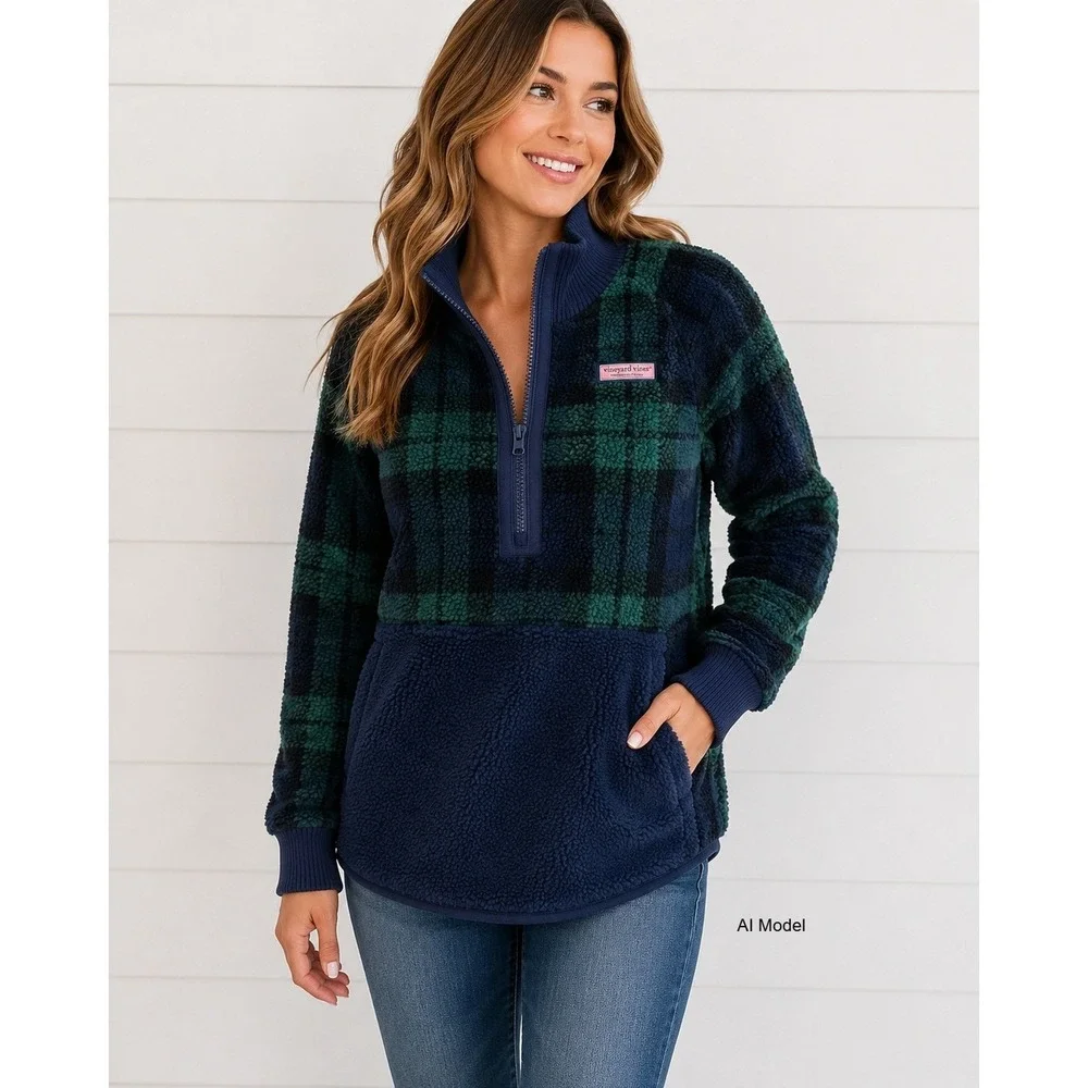 Vineyard‎ Vines Sherpa Fleece Pullover Womans Small Quarter Zip Plaid Cozy